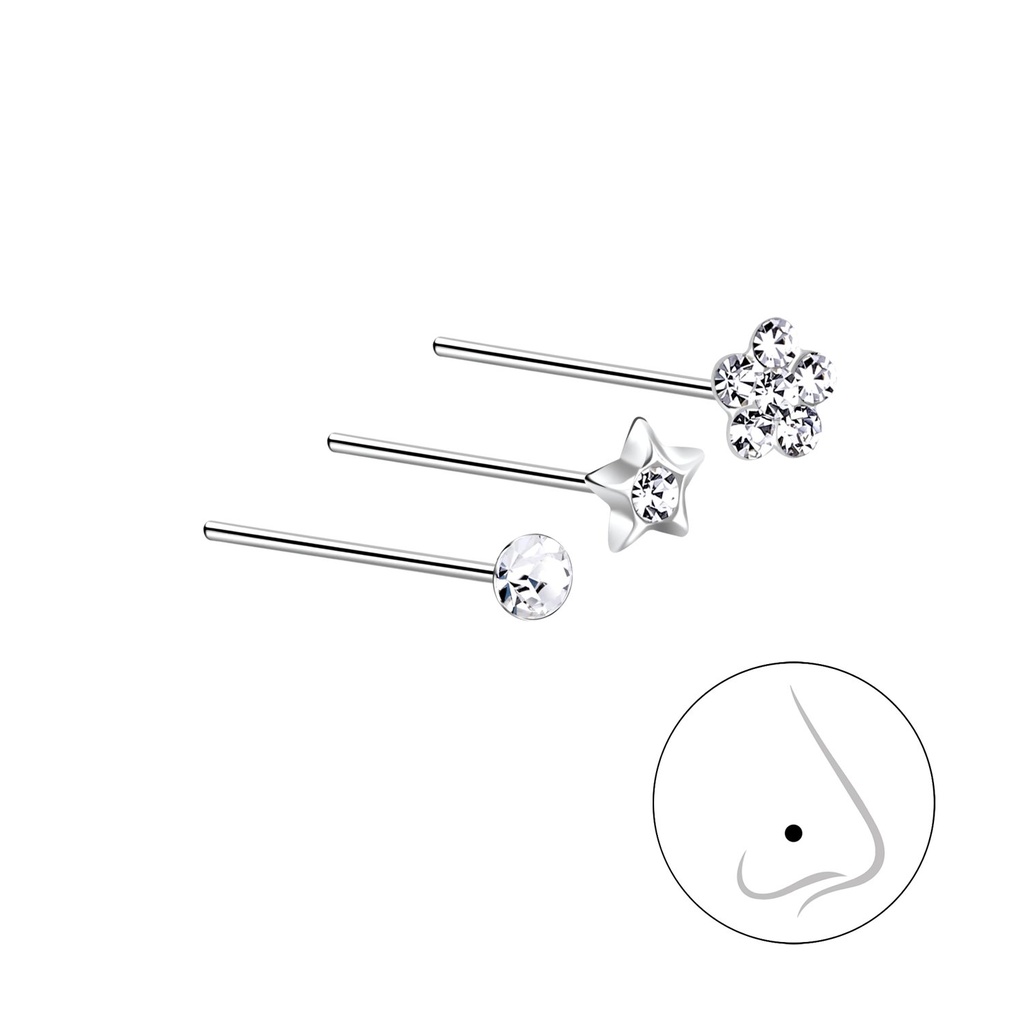 Silver Star Crystal Nose Stud Set - Pack of 3