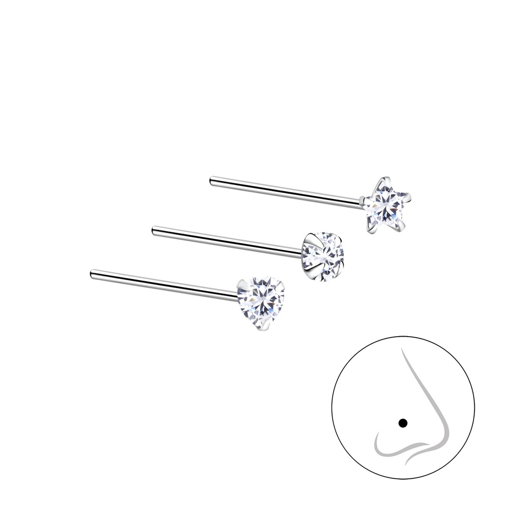3mm Cubic Zirconia Silver Nose Stud Set - Pack of 3
