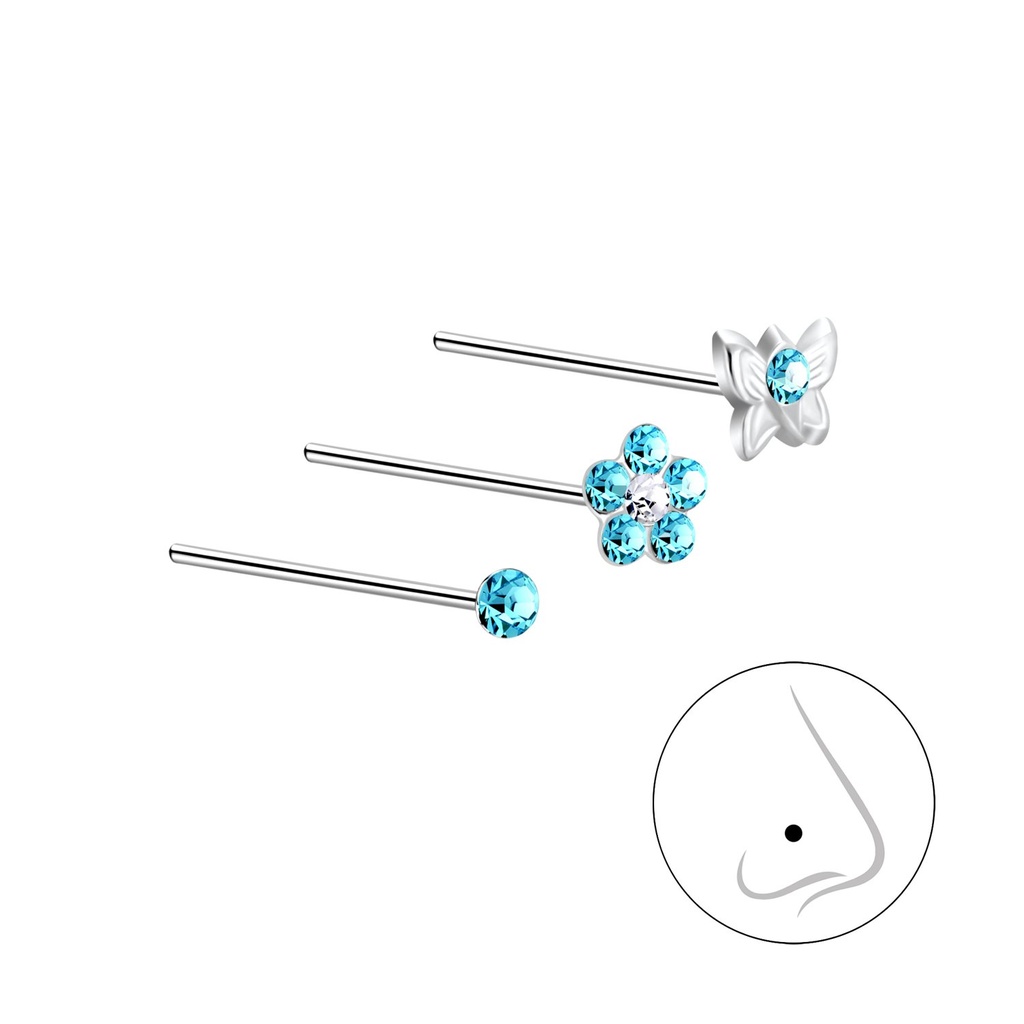 Silver Butterfly Crystal Nose Stud Set - Pack of 3