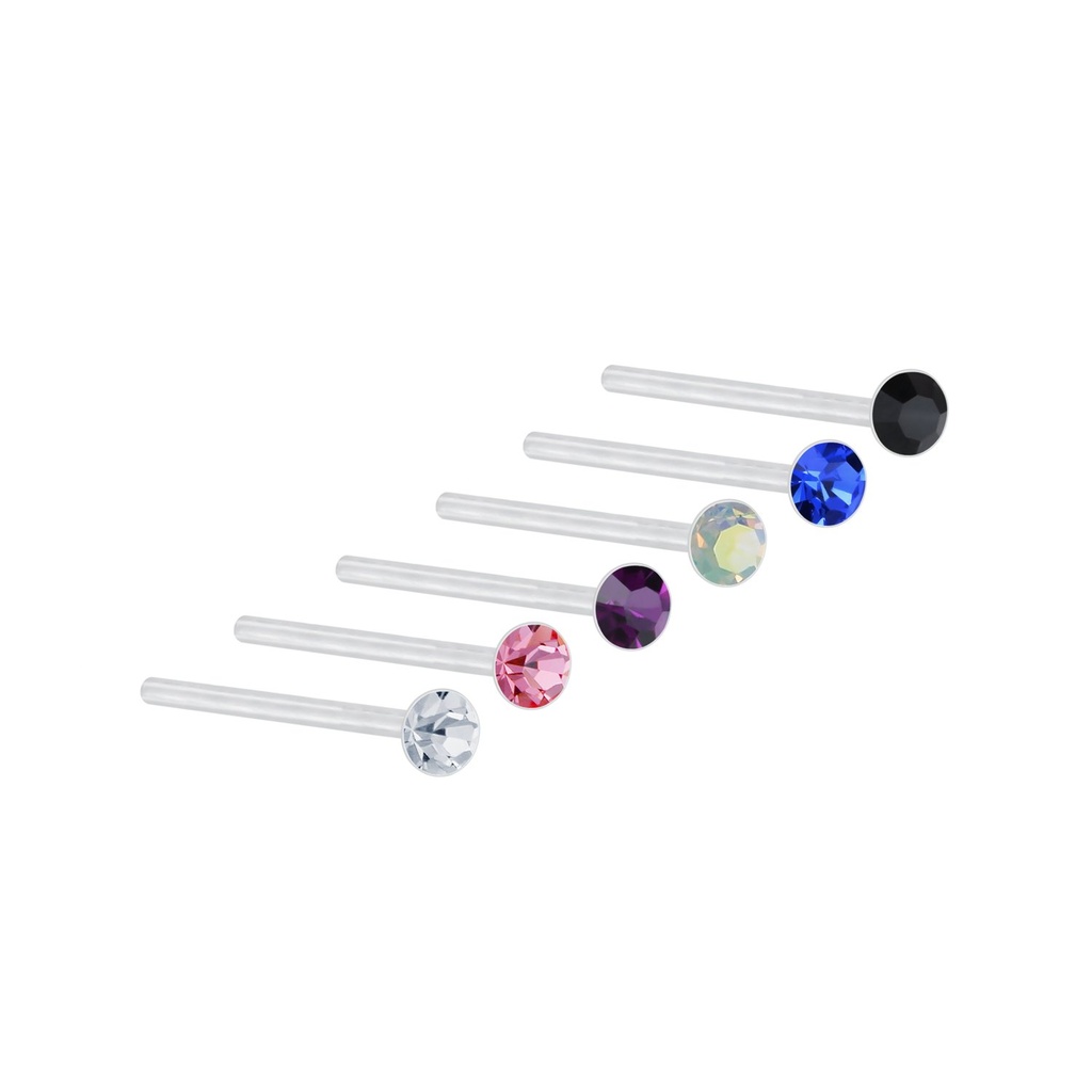 [10009921] 2mm Multi Color Crystal Silver Nose Stud Set - Pack of 6
