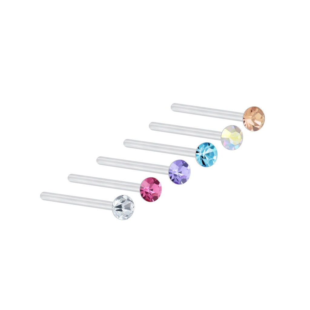 [10009920] 2mm Multi Color Crystal Silver Nose Stud Set - Pack of 6