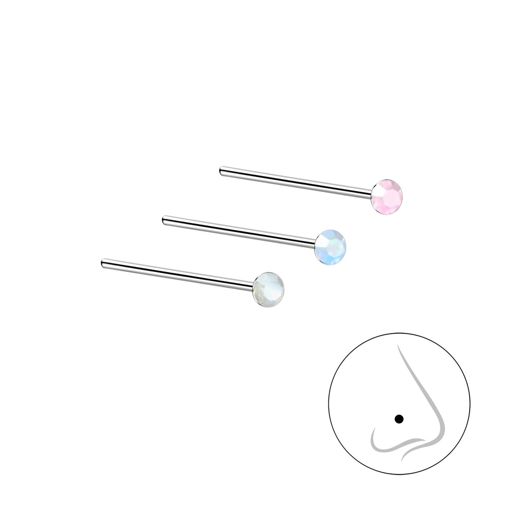 2mm Opal Color Crystal Silver Nose Stud Set - Pack of 3