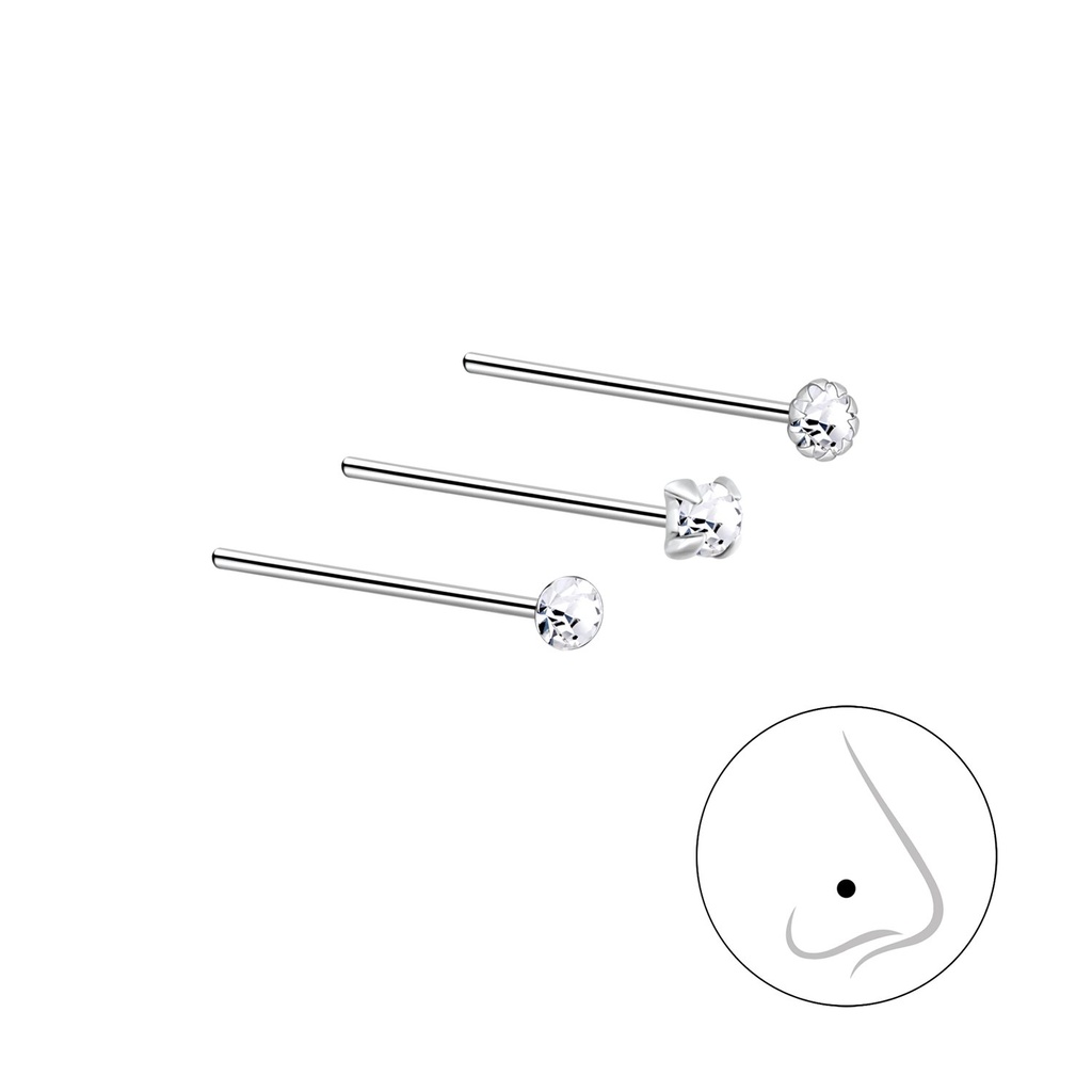Lot de 3 clous de nez en argent cristal 2 mm