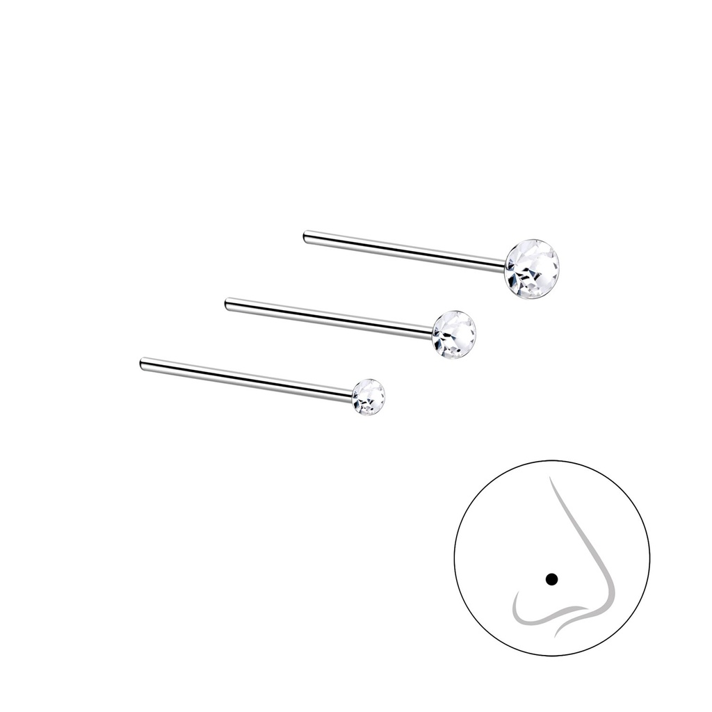 Lot de 3 clous de nez en argent cristal 1.5 mm, 2 mm et 2.5 mm