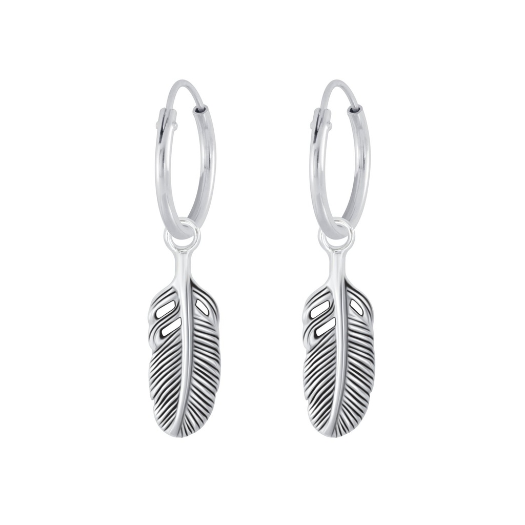 Silver Feather Charm Hoop Earrings