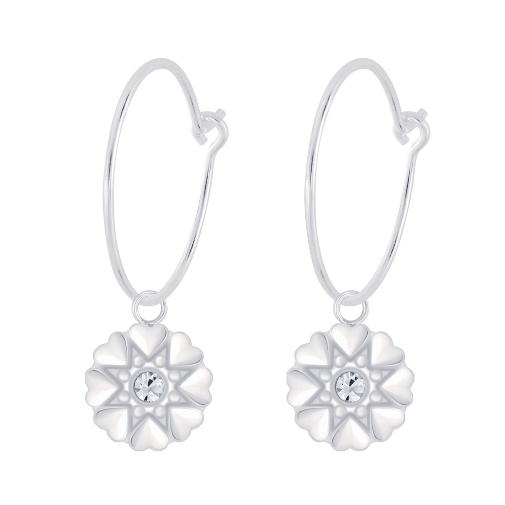 Silver Flower Crystal Charm Hoop Earrings