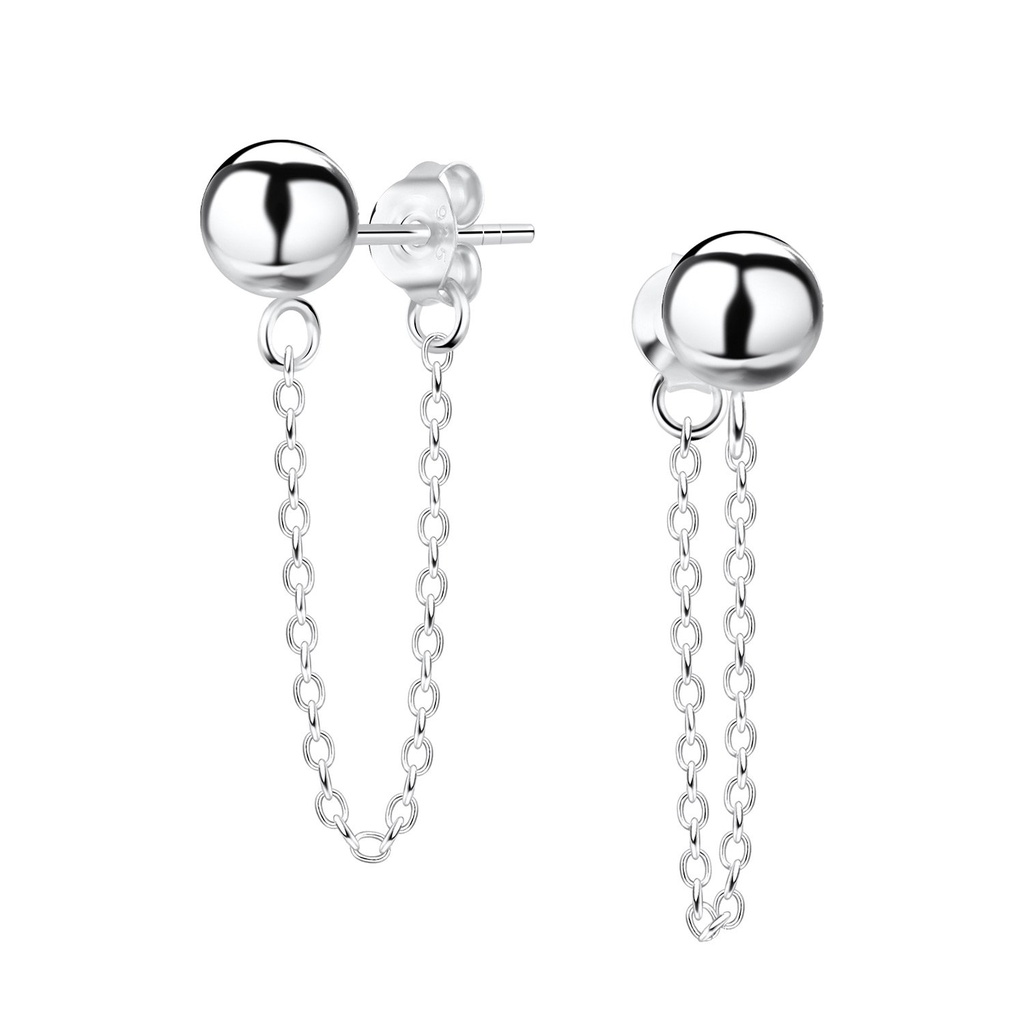 Puces d'oreilles boule en argent 6 mm avec chaîne