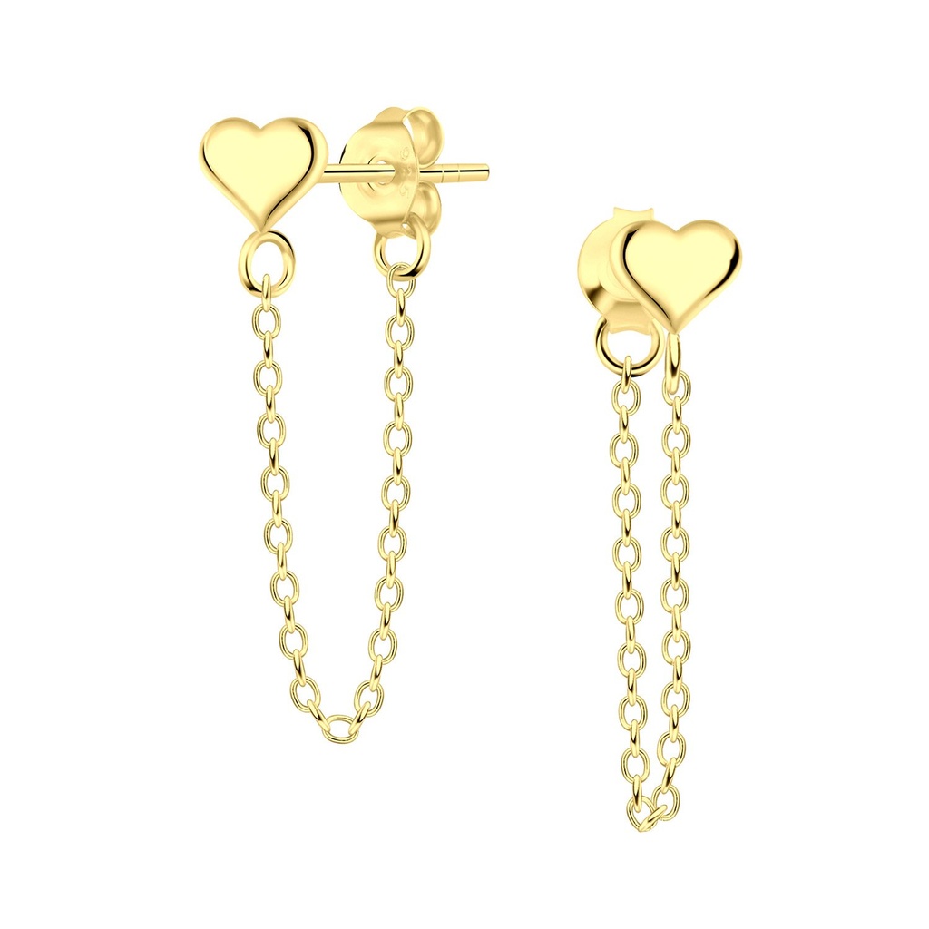 Puces d'oreilles cœur en argent avec chaîne