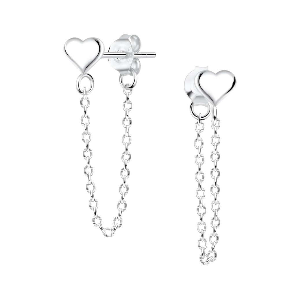 [10009013] Silver Heart Stud Earrings with Chain