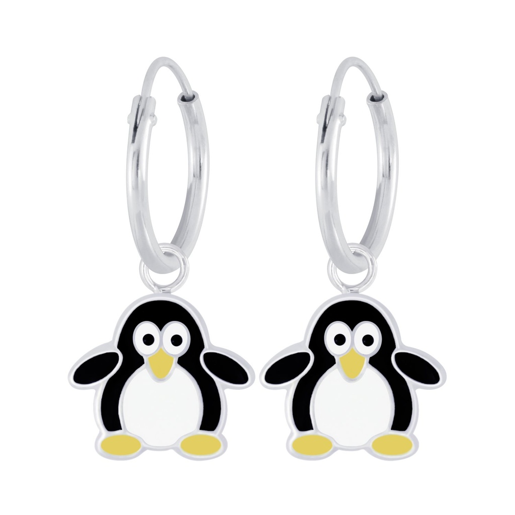 Silver Penguin Charm Hoop Earrings