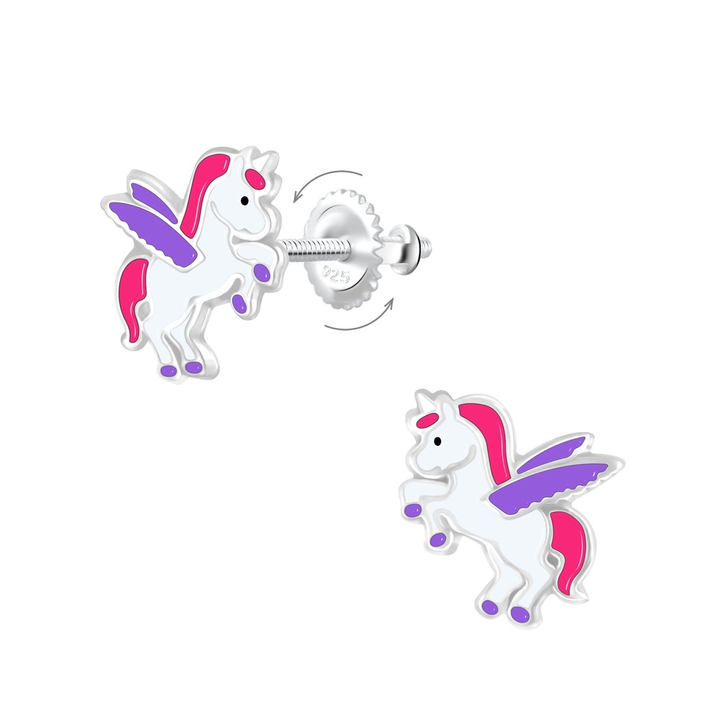 [10009429] Silver Winged Unicorn Screw Back Earrings