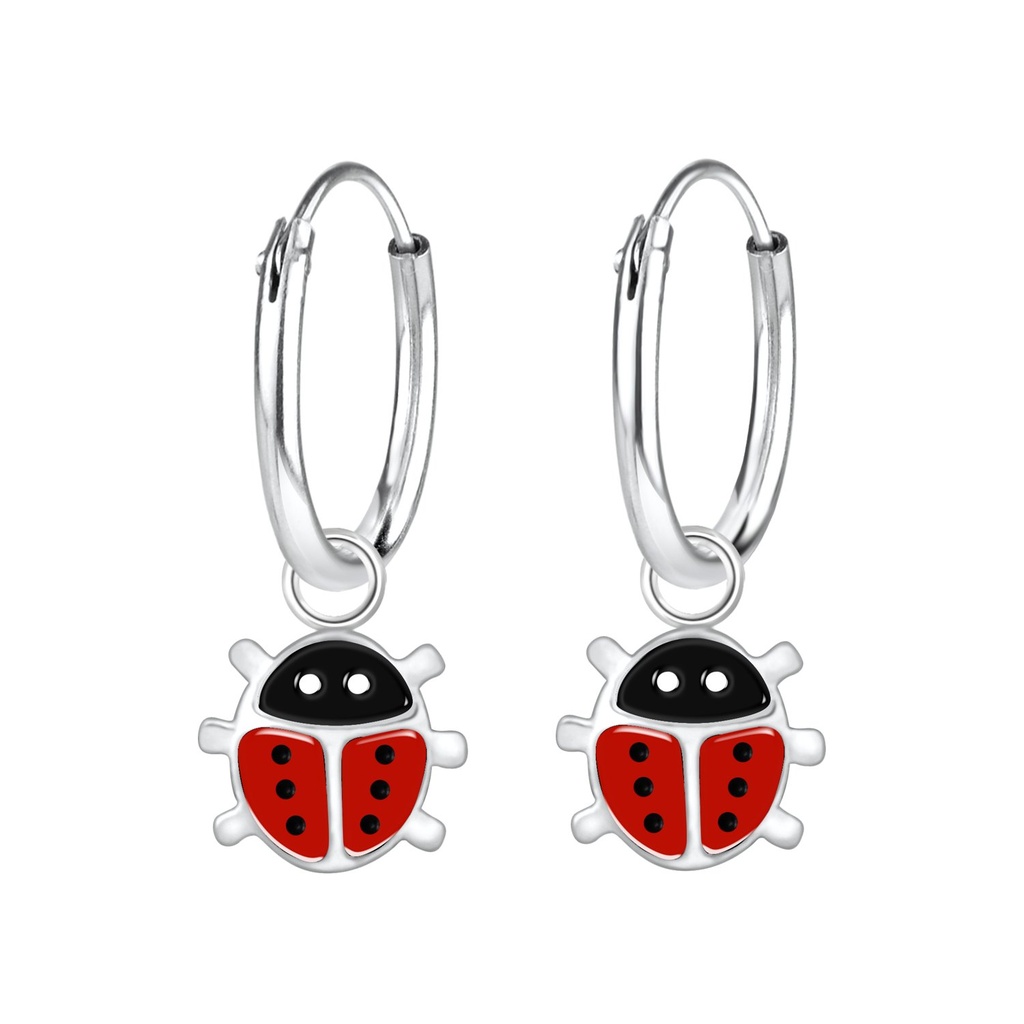 Silver Ladybug Charm Hoop Earrings