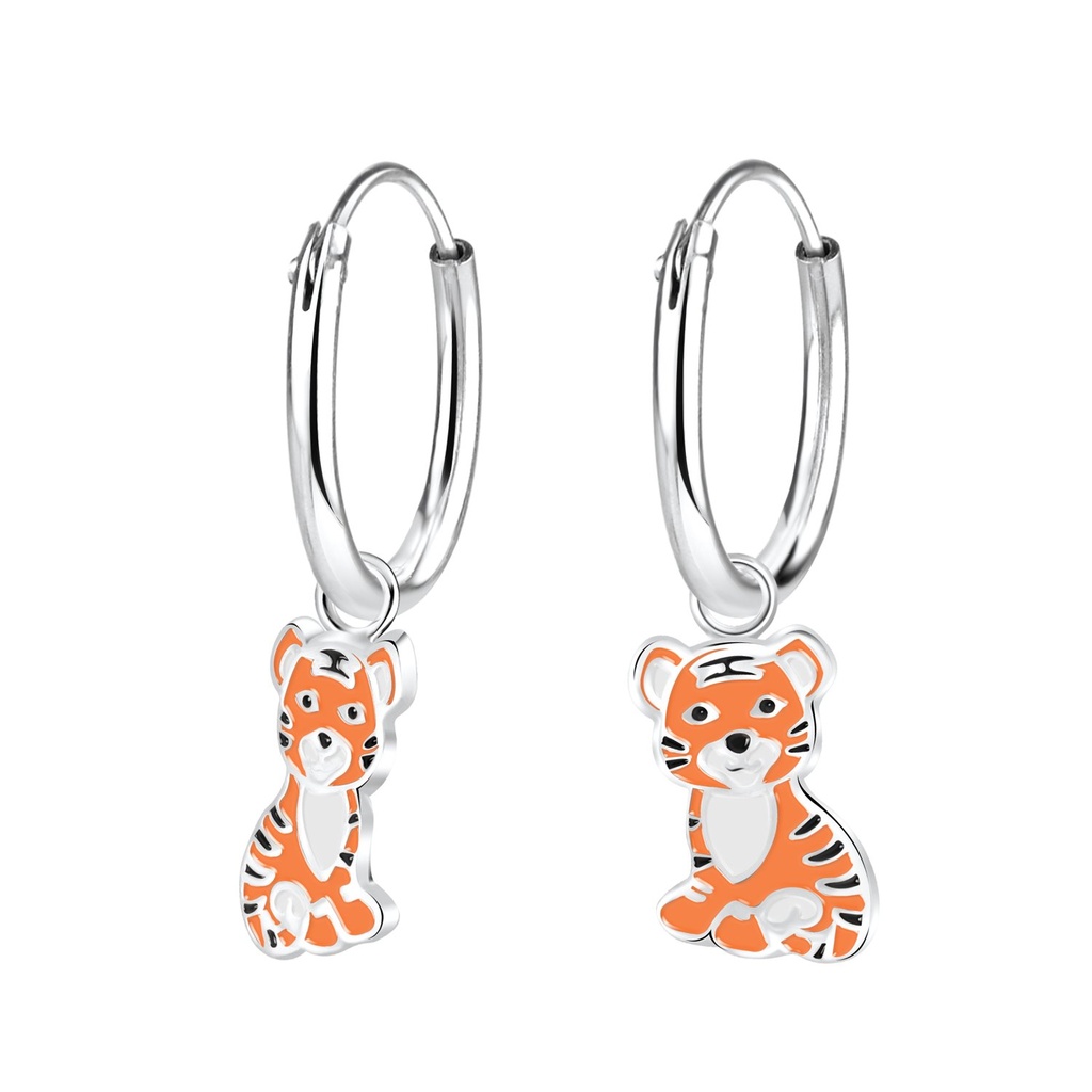 Silver Tiger Charm Hoop Earrings