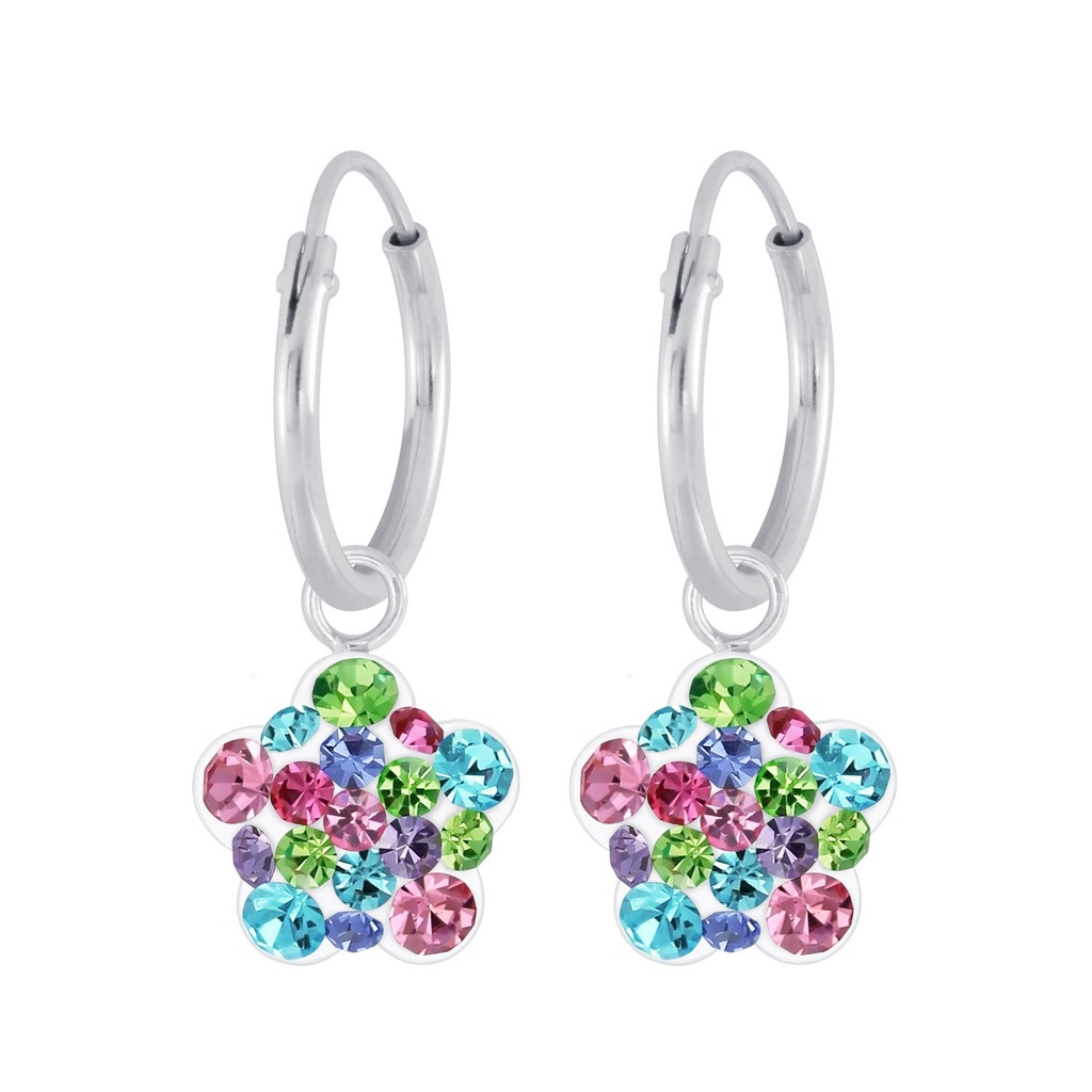 Silver Flower Crystal Charm Hoop Earrings
