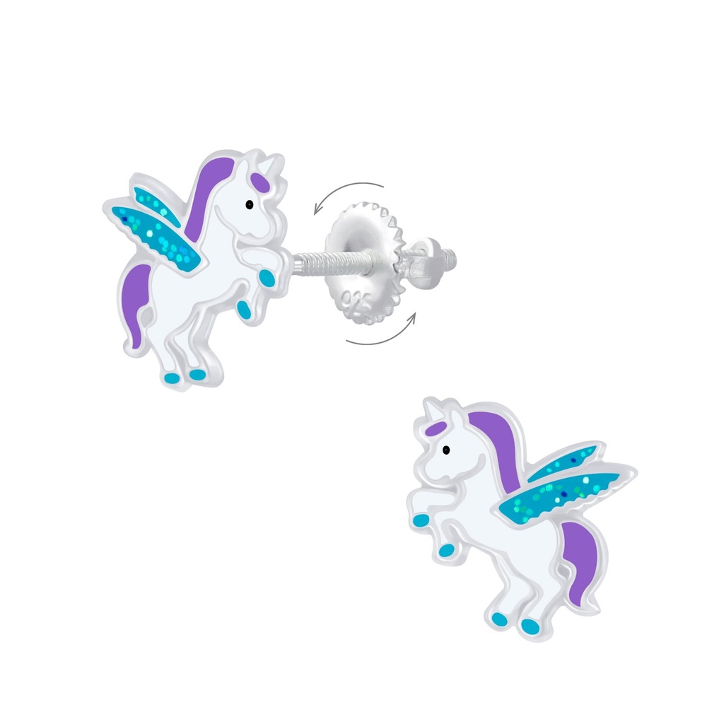 Silver Winged Unicorn Screw Back Earrings