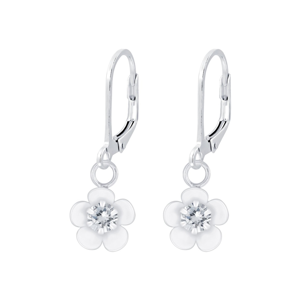 [10009347] Silver Flower Cubic Zirconia Lever Back Earrings