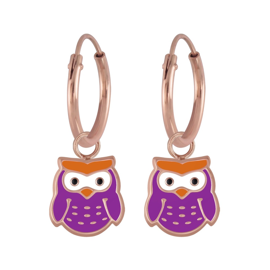 [10007880] Silver Owl Charm Hoop Earrings