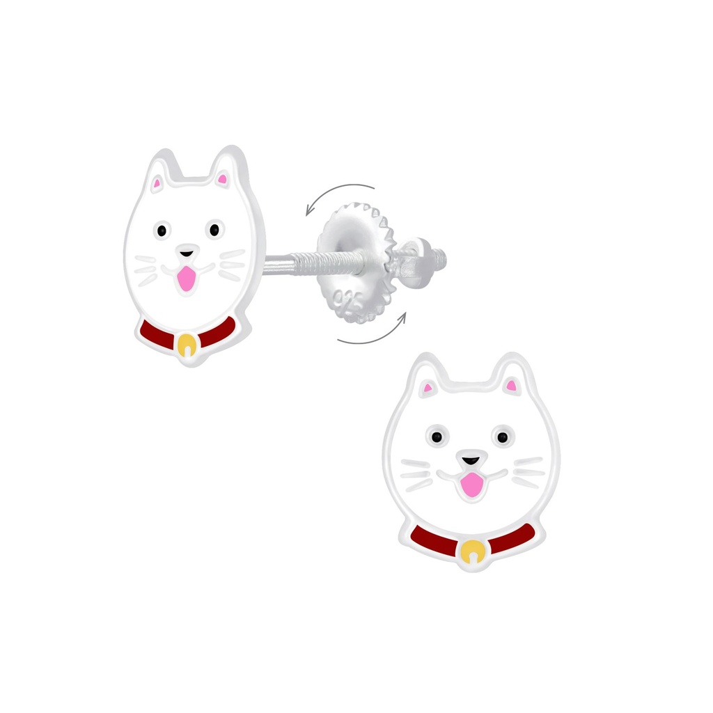 Silver Cat Screw Back Earrings