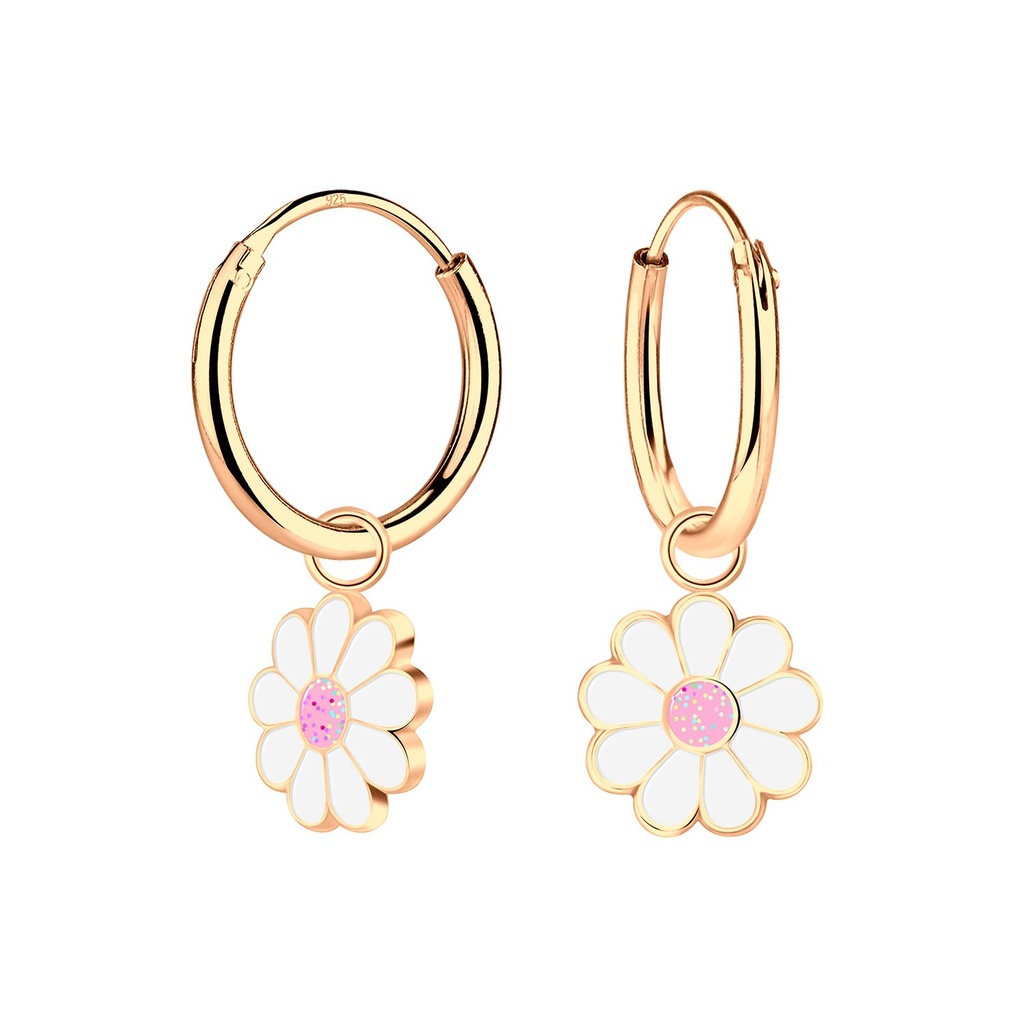 Silver Daisy Flower Charm Hoop Earrings