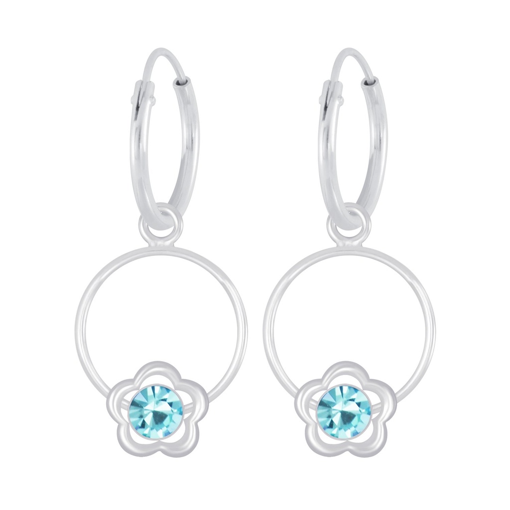 Silver Flower Wire Crystal Charm Hoop Earrings