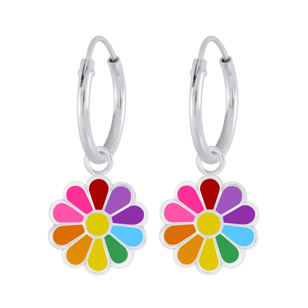 Silver Daisy Flower Charm Hoop Earrings
