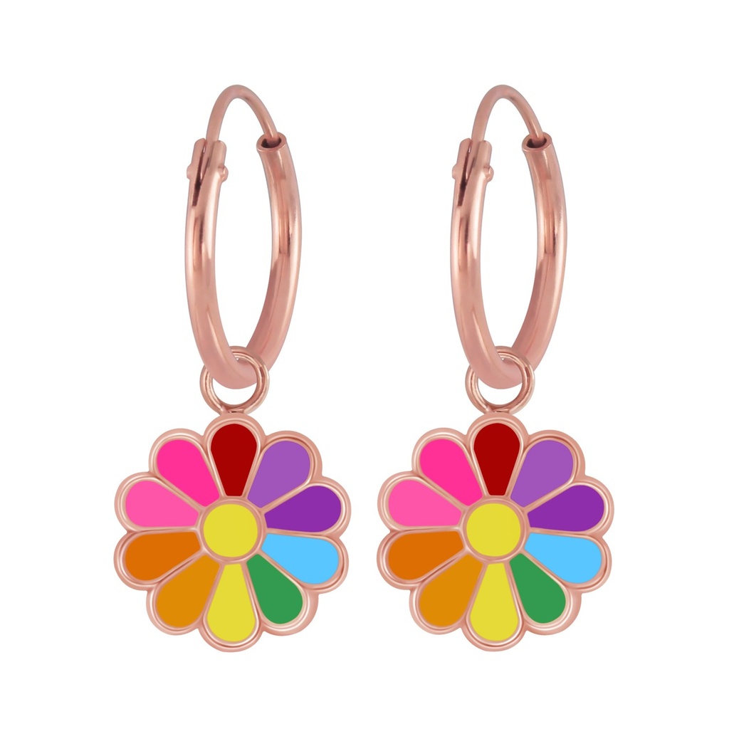 Silver Daisy Flower Charm Hoop Earrings