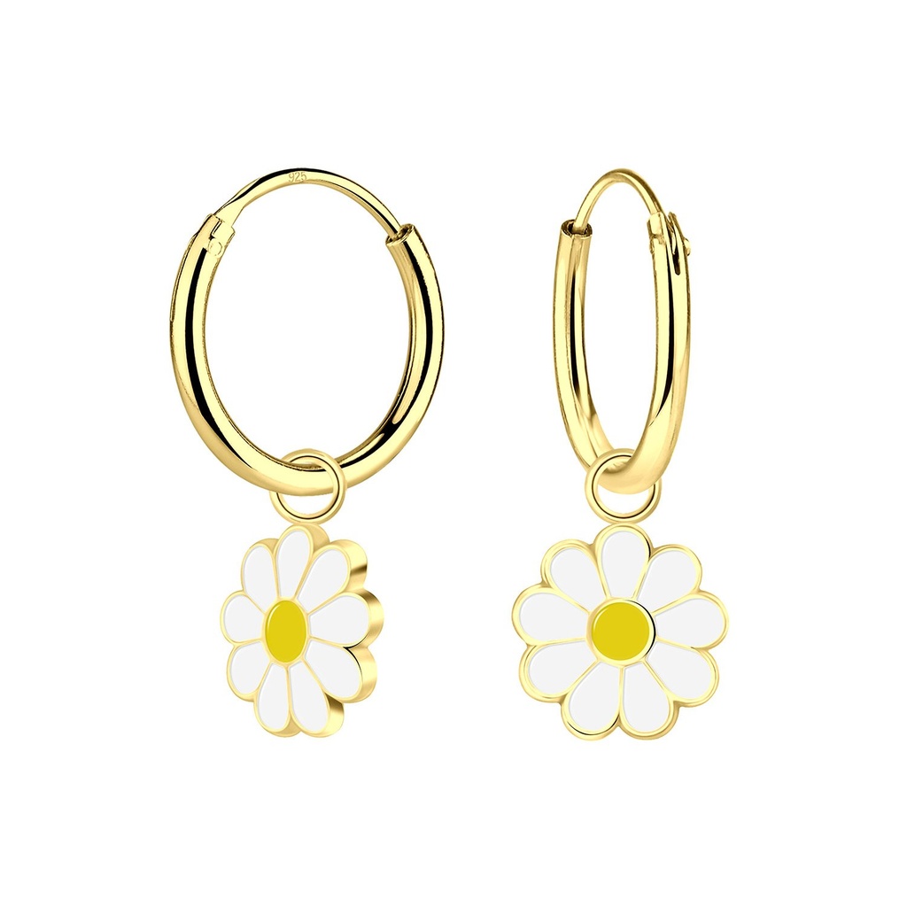 Silver Daisy Flower Charm Hoop Earrings