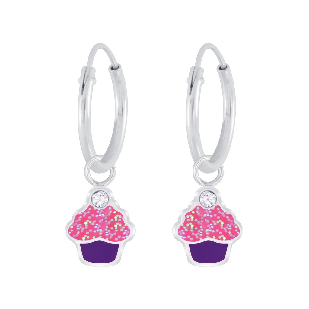 Silver Cupcake Crystal Charm Hoop Earrings