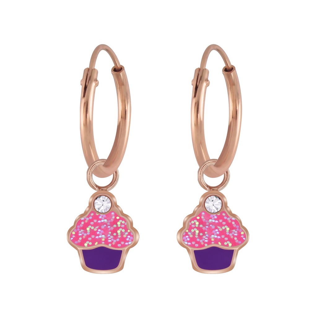 Silver Cupcake Crystal Charm Hoop Earrings