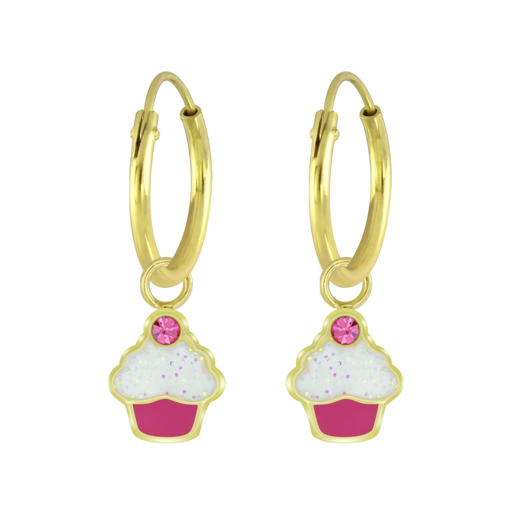 Silver Cupcake Crystal Charm Hoop Earrings