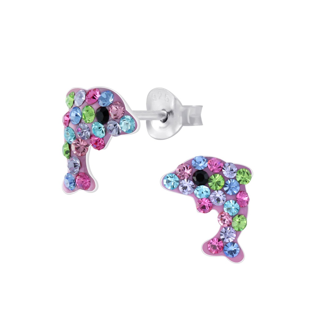 Silver Dolphin Crystal Stud Earrings