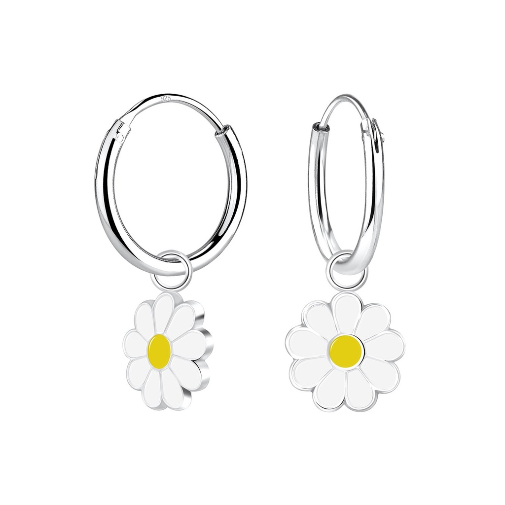 Silver Daisy Flower Charm Hoop Earrings