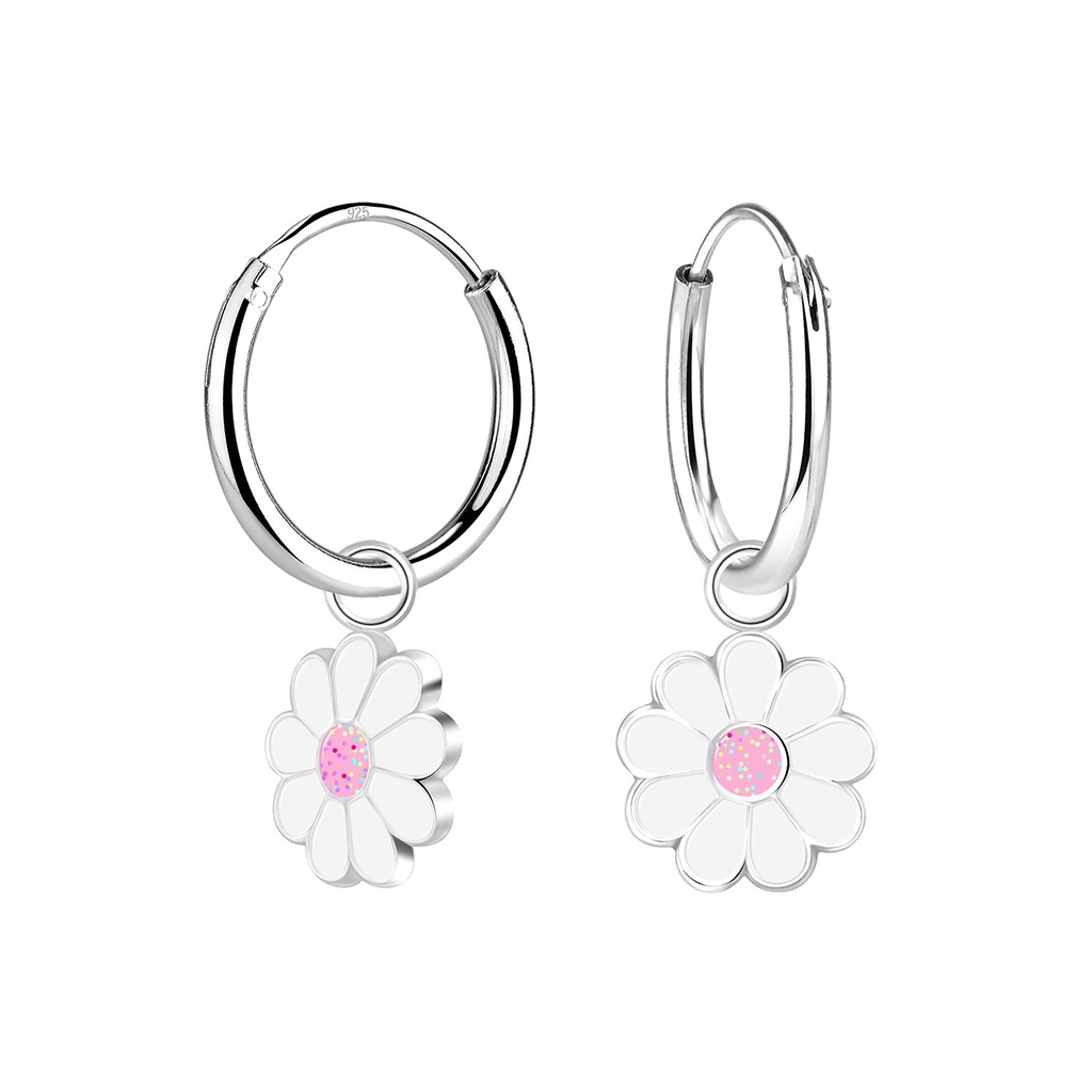 Silver Daisy Flower Charm Hoop Earrings