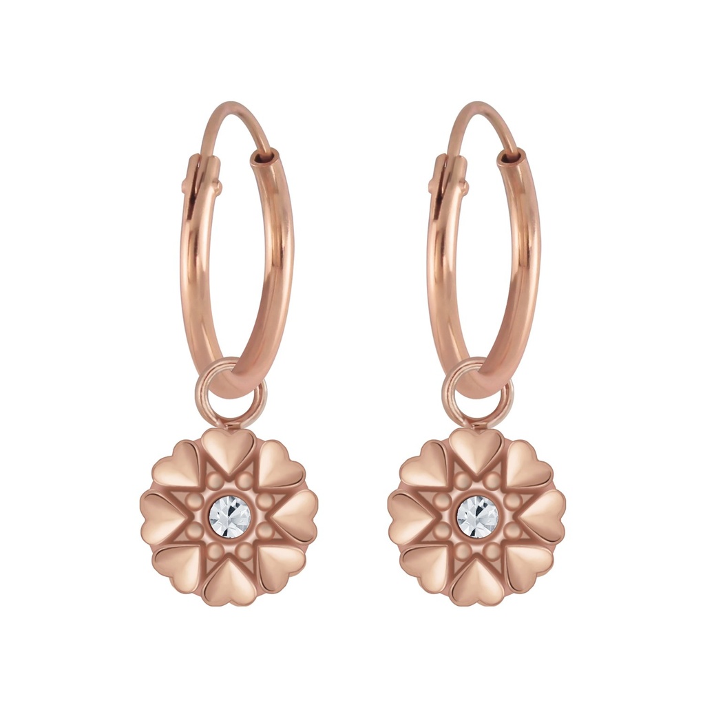 [10007166] Silver Flower Crystal Charm Hoop Earrings