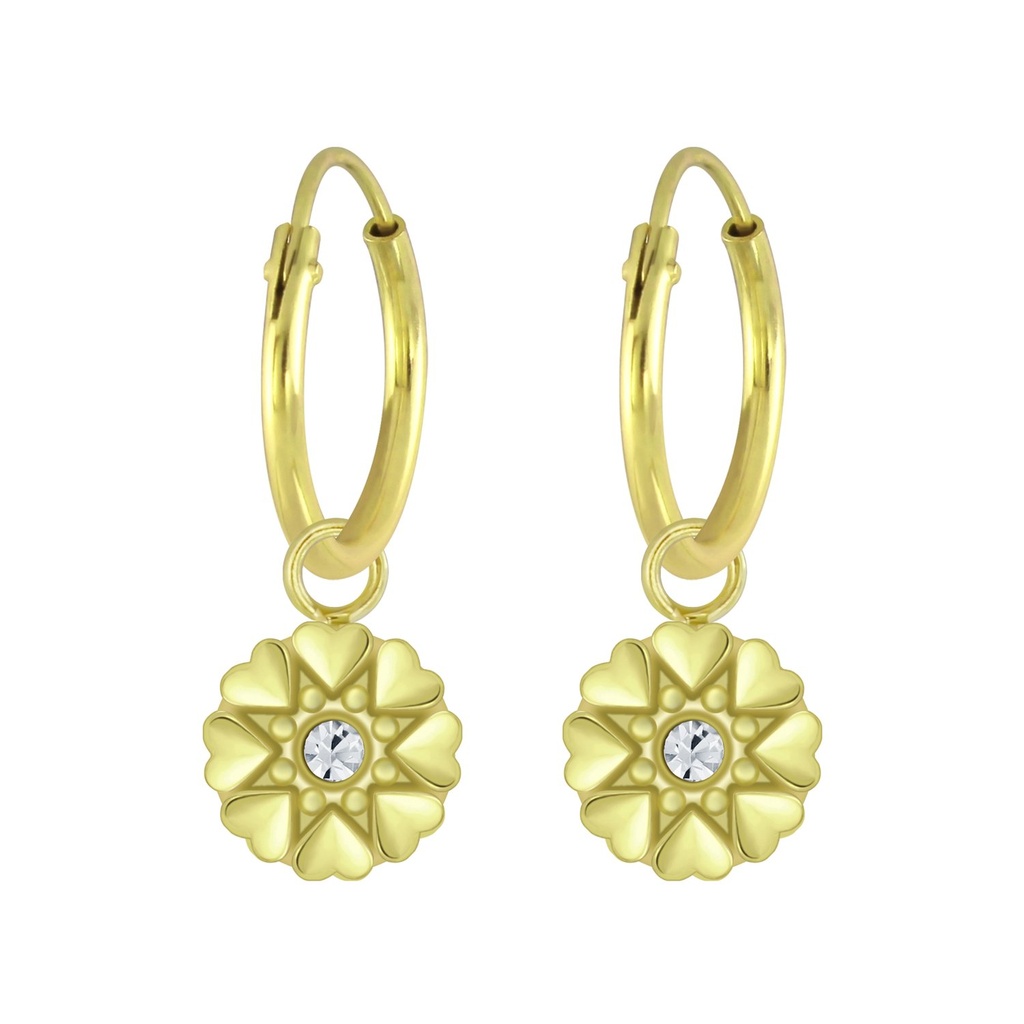 [10007527] Silver Flower Crystal Charm Hoop Earrings