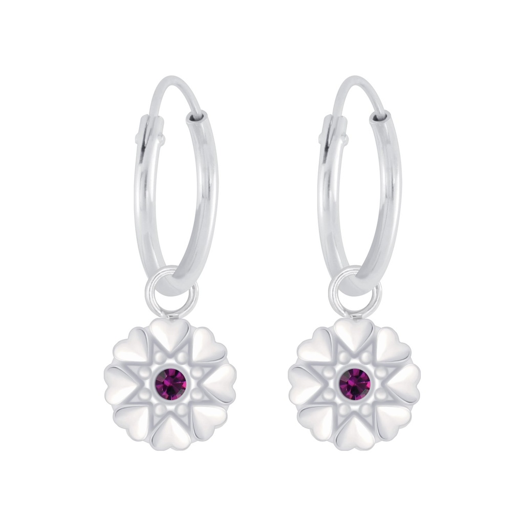 Silver Flower Crystal Charm Hoop Earrings