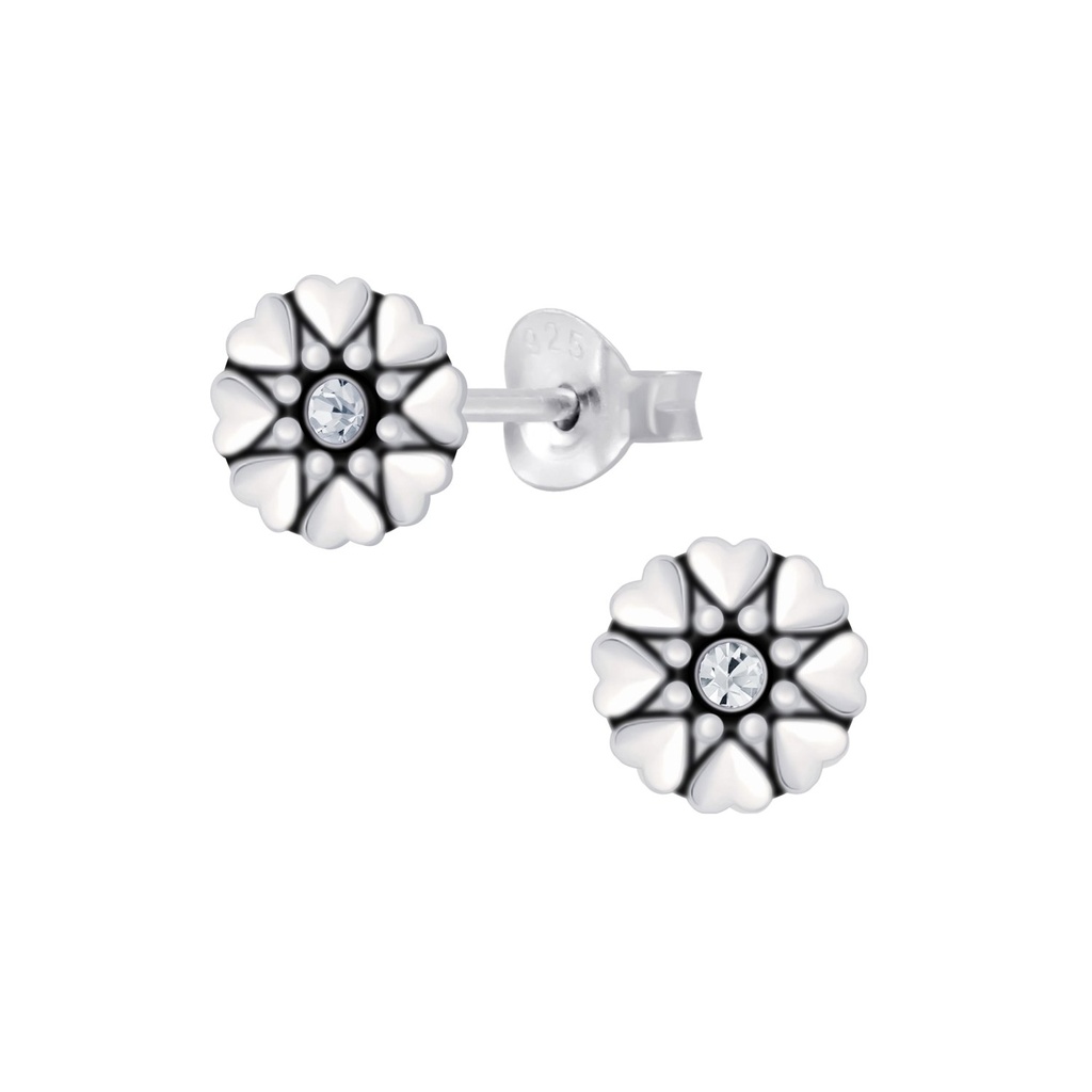 Silver Flower Crystal Stud Earrings