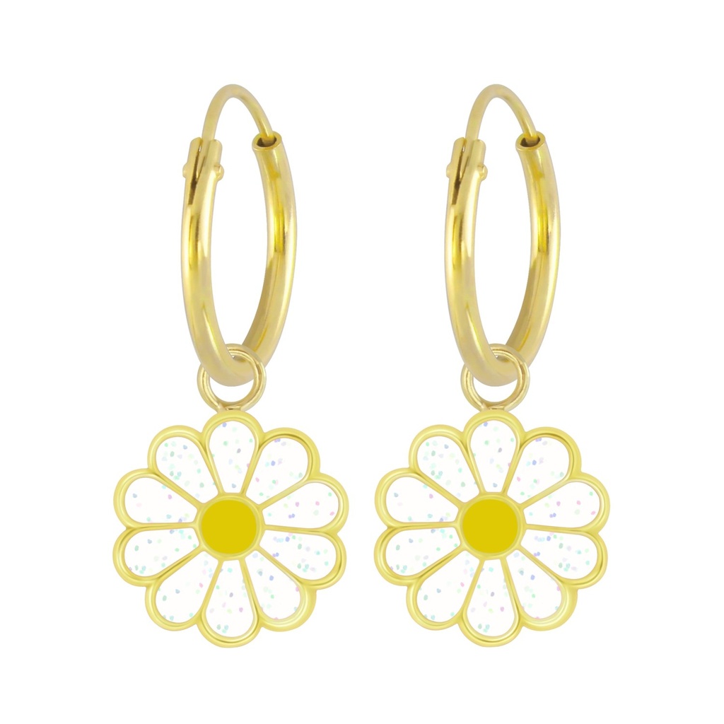 Silver Daisy Flower Charm Hoop Earrings