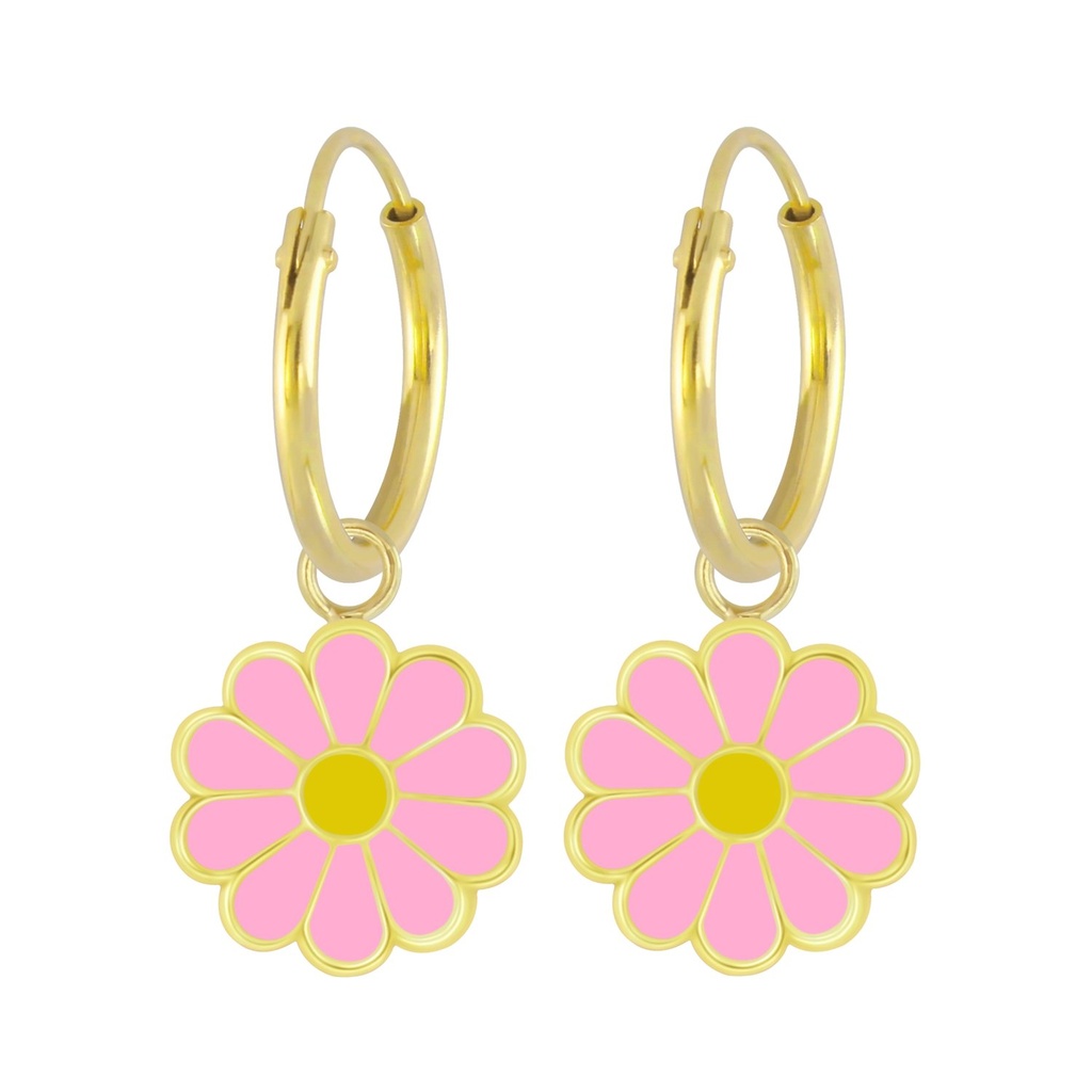 Silver Daisy Flower Charm Hoop Earrings