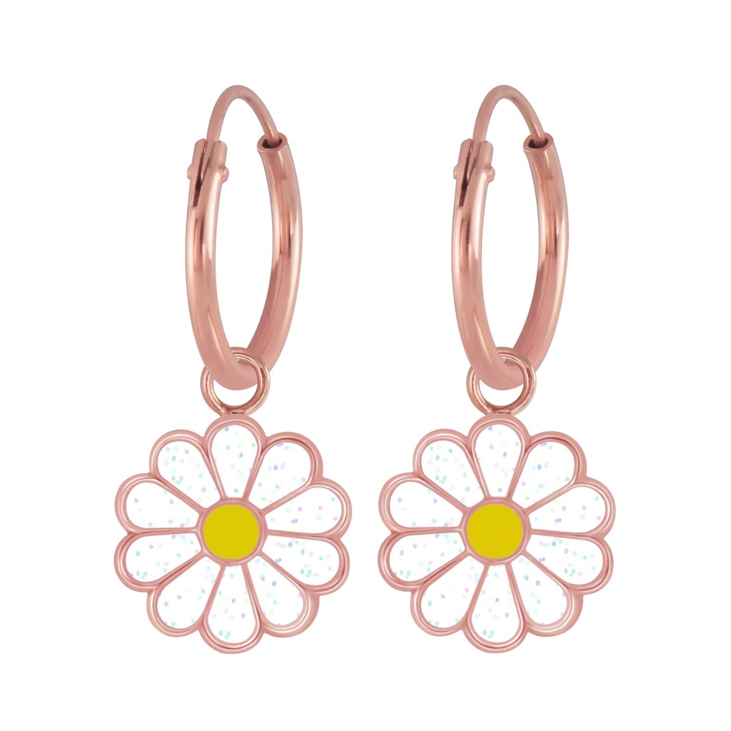 Silver Daisy Flower Charm Hoop Earrings