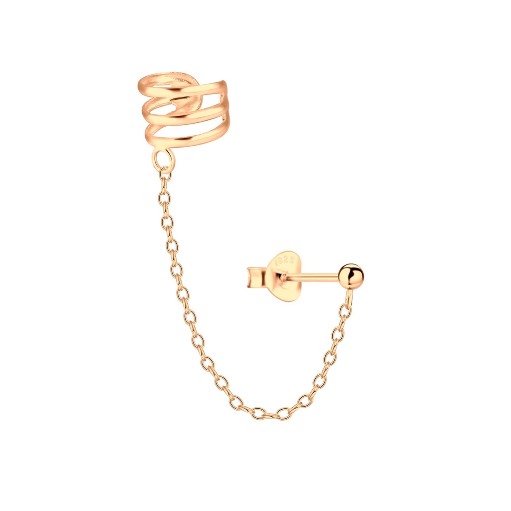 Puce d'oreille boule et ear cuff triple ligne en argent avec chaîne