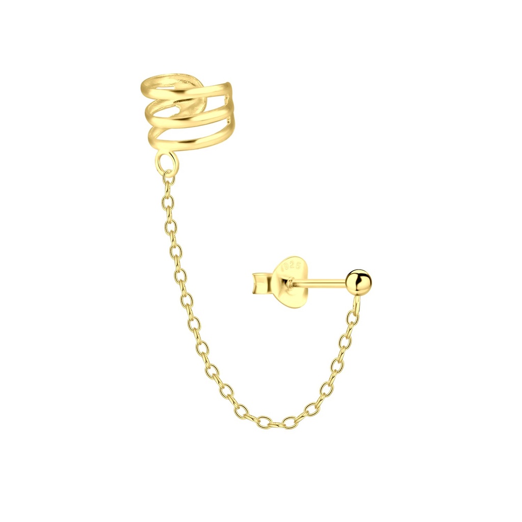 Silver Ball Stud Earring and Triple Line Ear Cuff with Chain