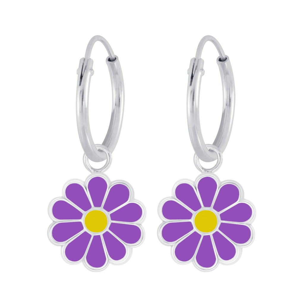 Silver Daisy Flower Charm Hoop Earrings