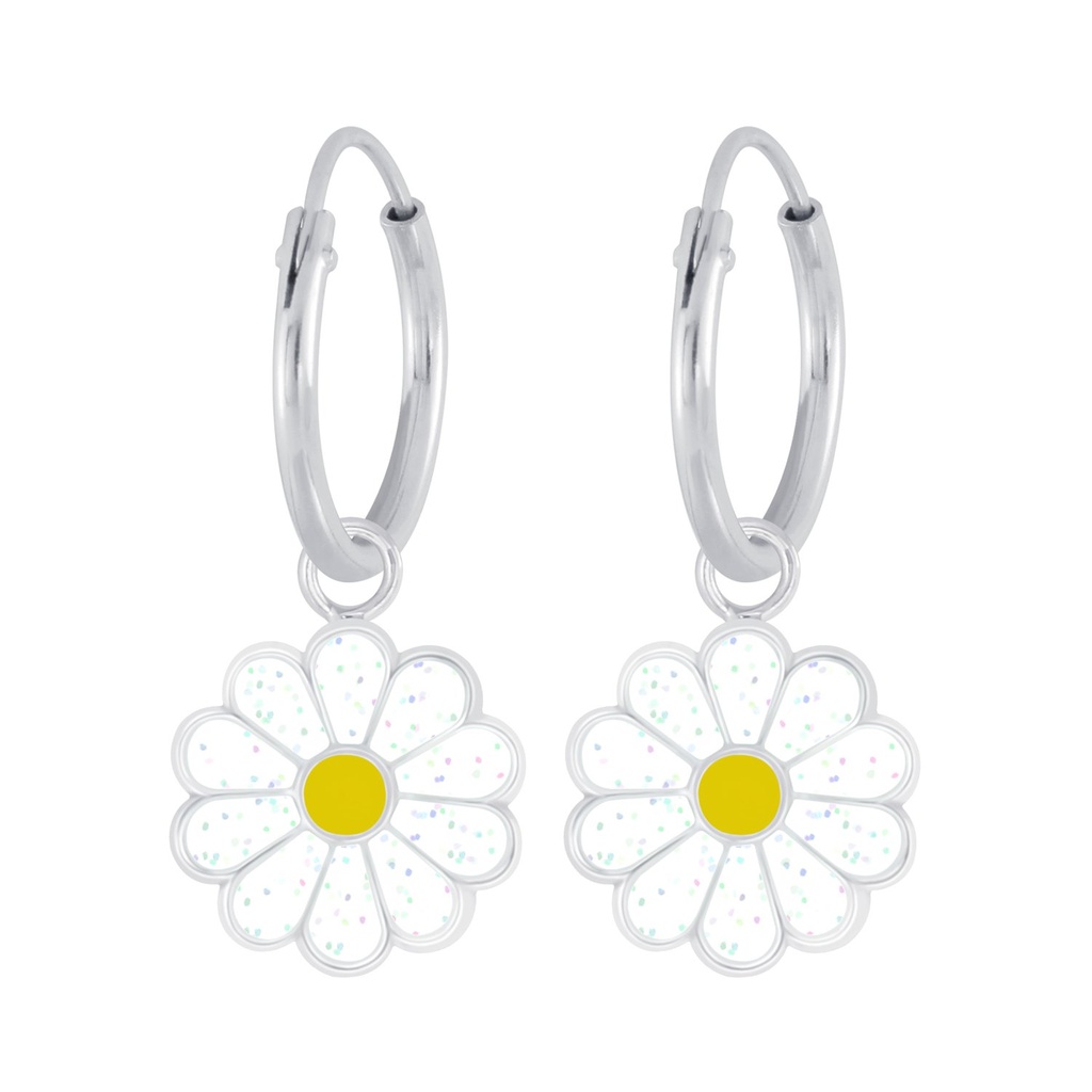 Silver Daisy Flower Charm Hoop Earrings