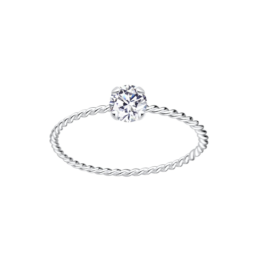 Bague solitaire jonc torsadée en argent zircon rond 4 mm
