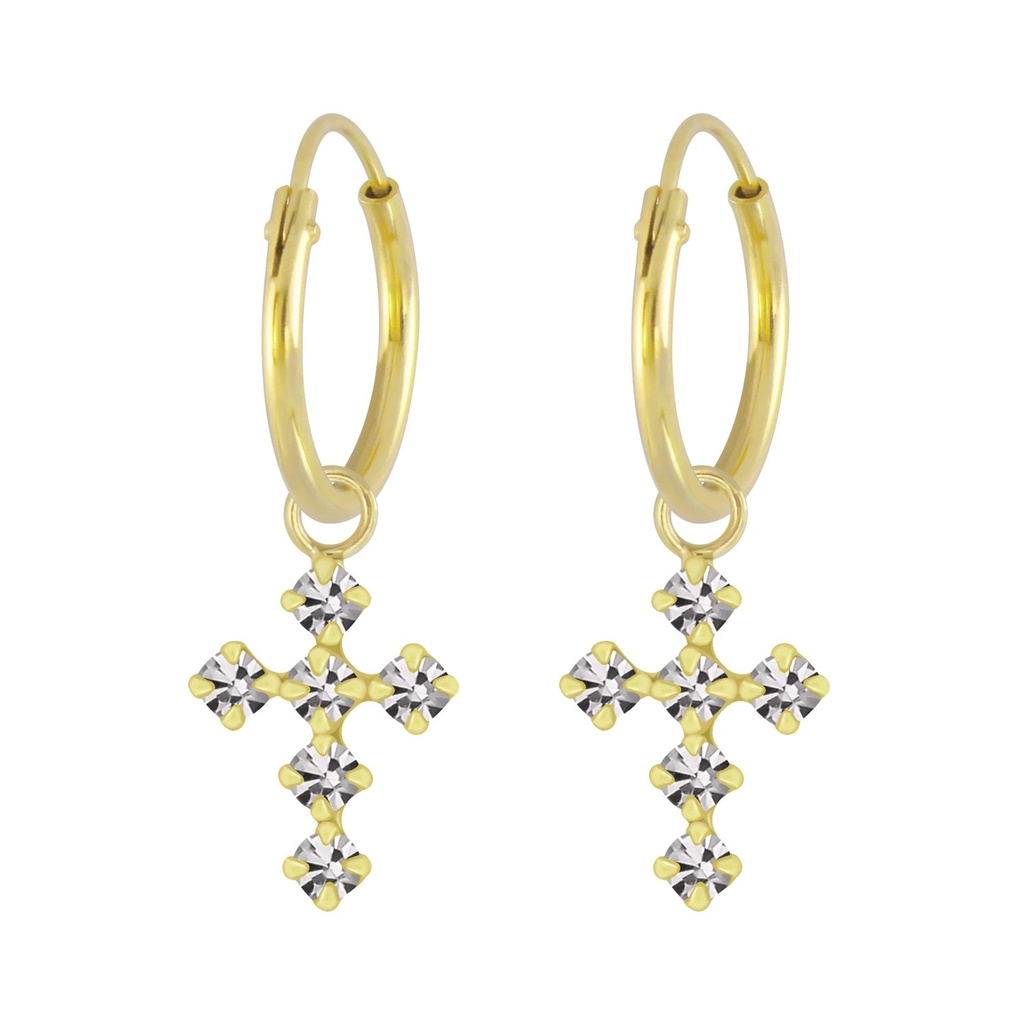 Silver Cross Crystal Charm Hoop Earrings