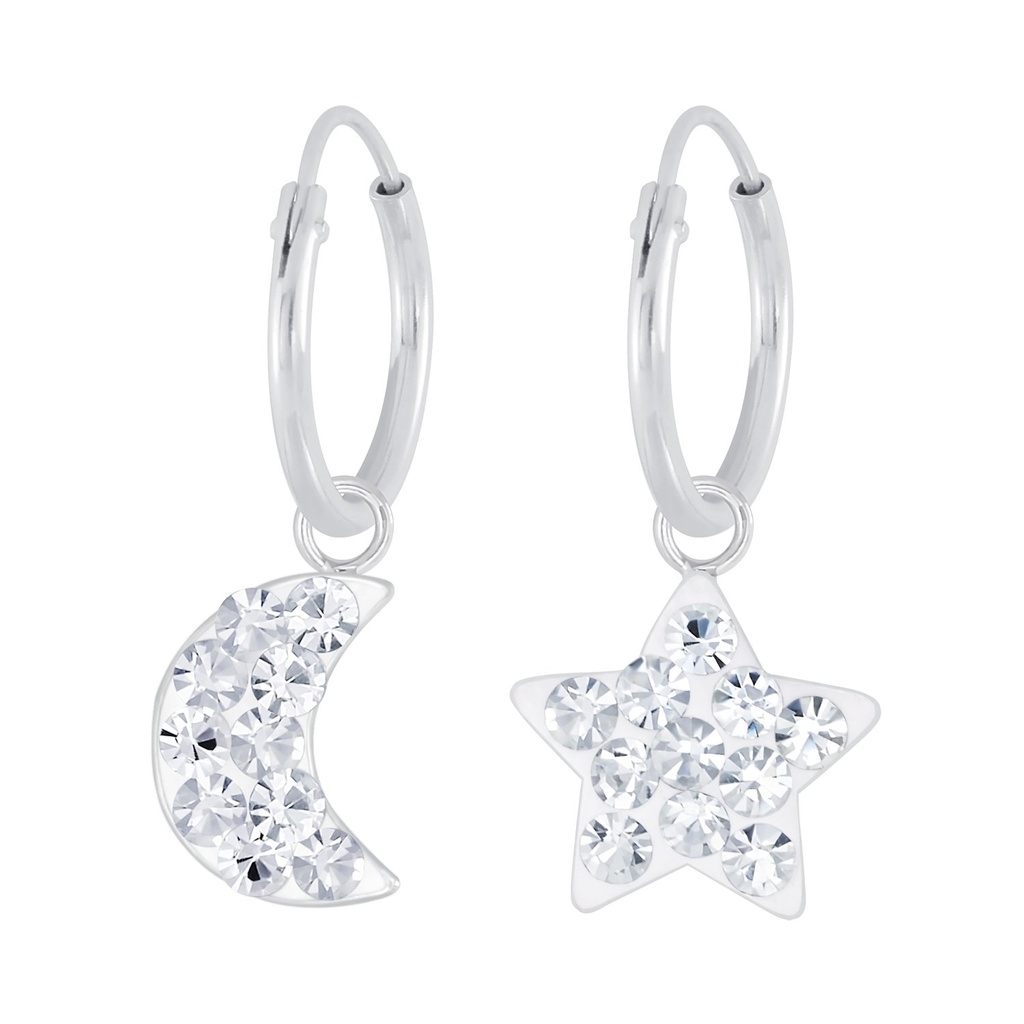 [10006905] Silver Moon and Star Charm Hoop Earrings