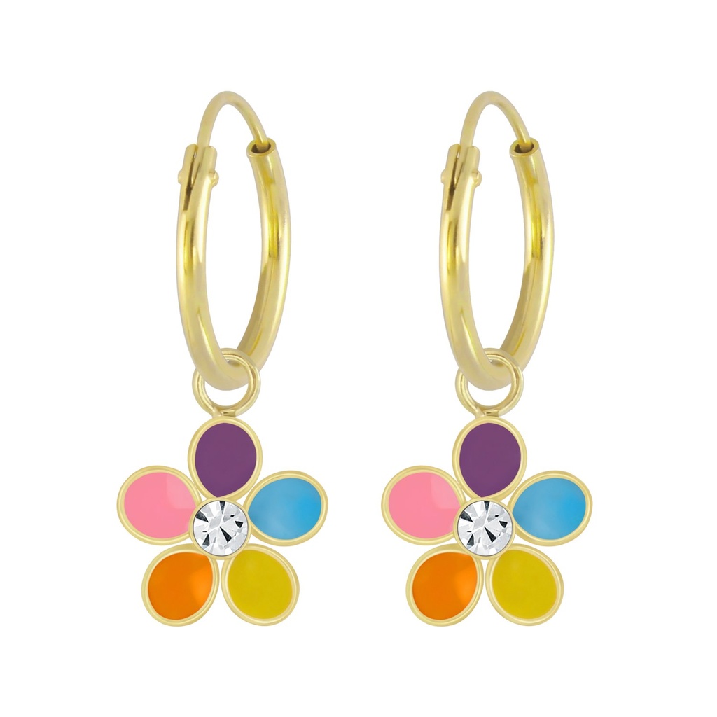 Silver Flower Crystal Charm Hoop Earrings