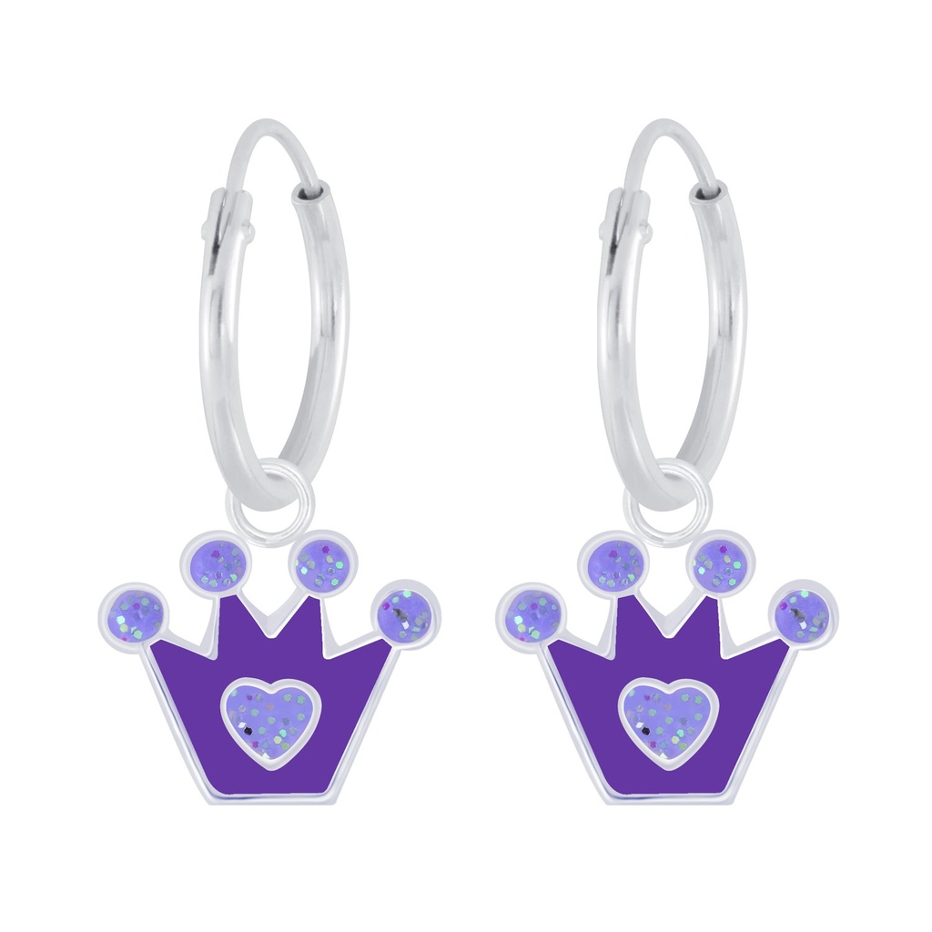 [10008897] Silver Crown Charm Hoop Earrings