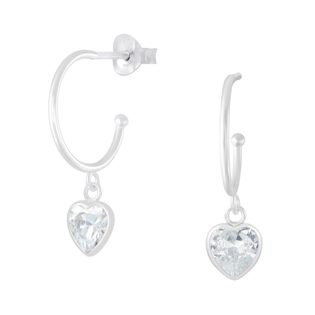 Puces d'oreilles demi-créole en argent avec cœur pendant